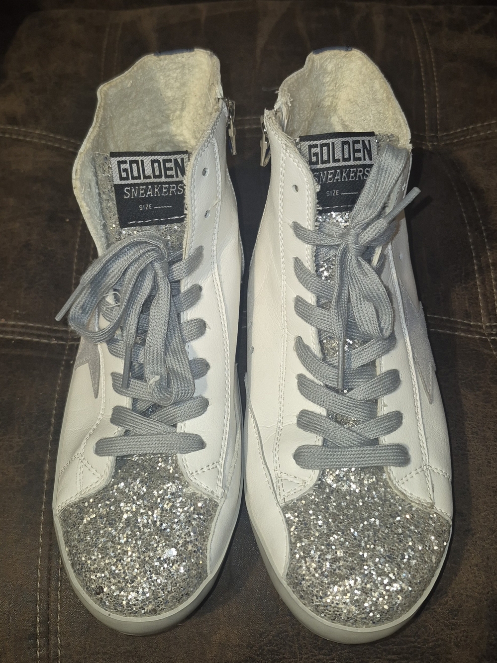 Golden Goose White High-Top Sneakers with Silver Glitter Toe